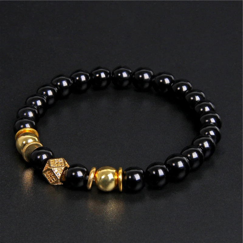 Black Onyx Beaded Bracelet with Metal Ball Charms