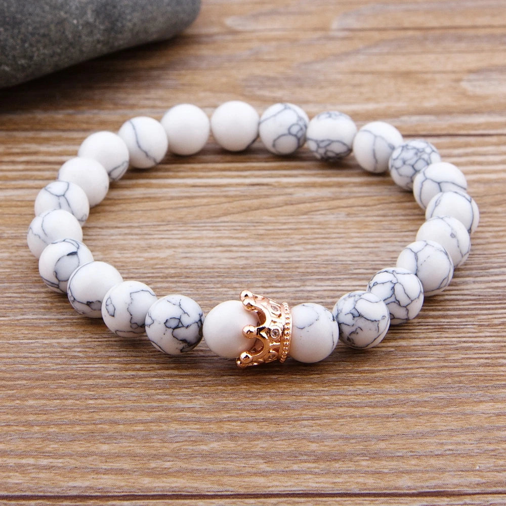 Lava Stone and Matte Onyx Beaded Bracelet with Crown Charm – view 4