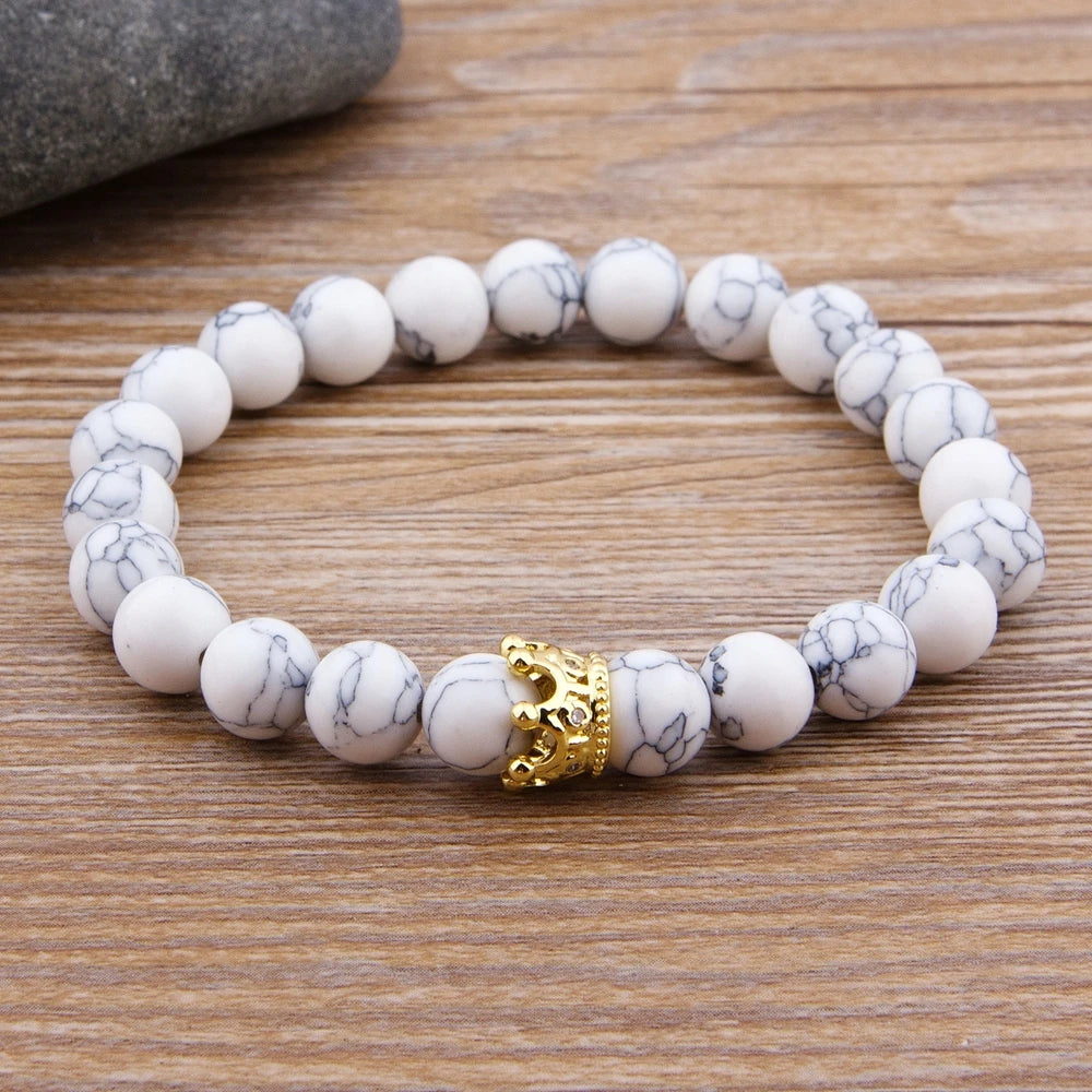 Lava Stone and Matte Onyx Beaded Bracelet with Crown Charm – view 3