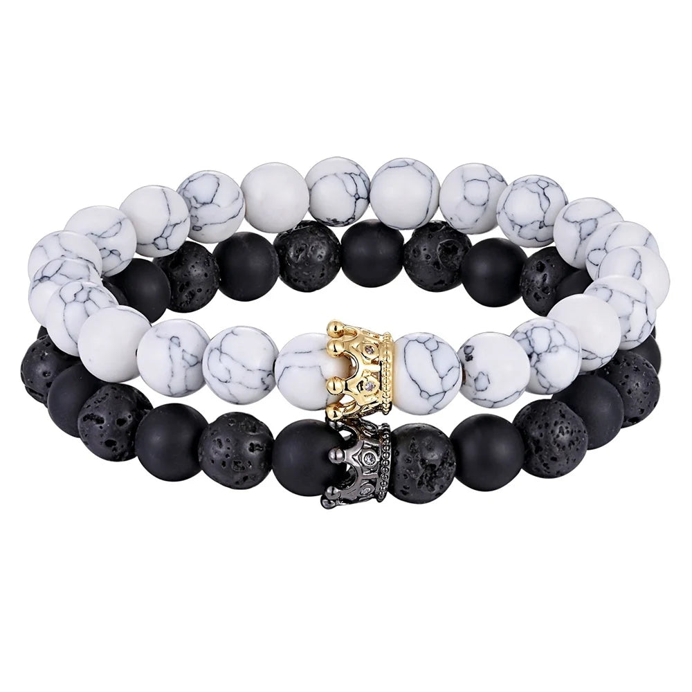 Lava Stone and Matte Onyx Beaded Bracelet with Crown Charm – view 9