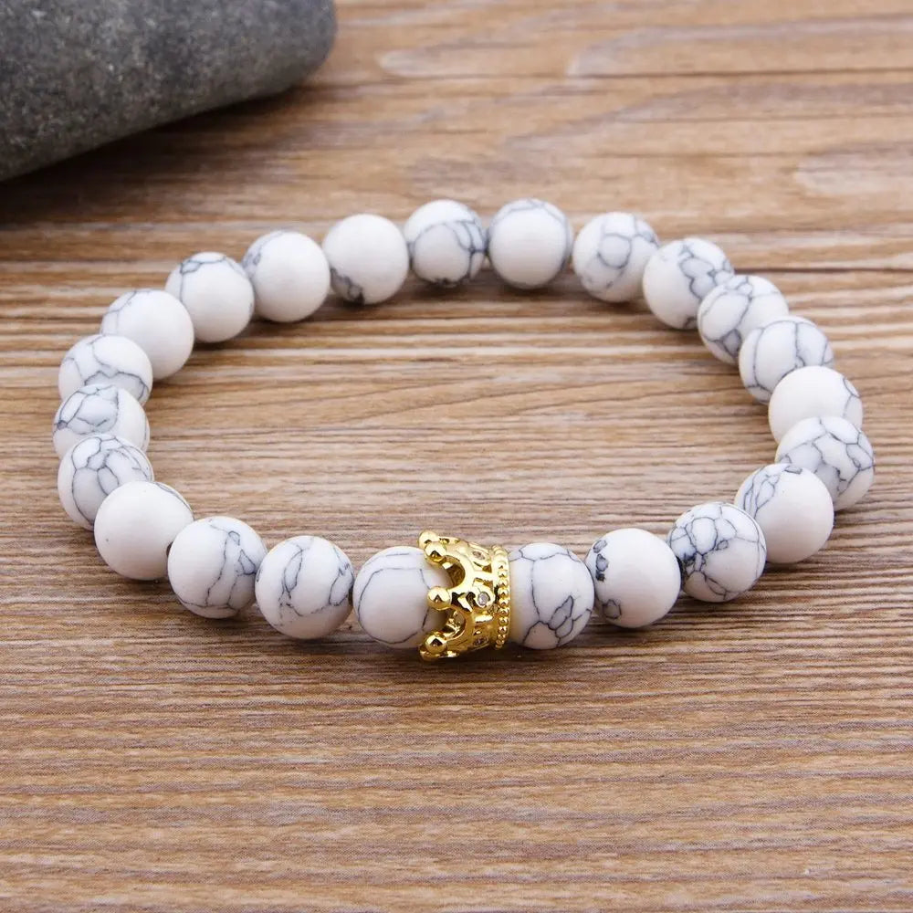 Lava Stone and Matte Onyx Beaded Bracelet with Crown Charm – view 8