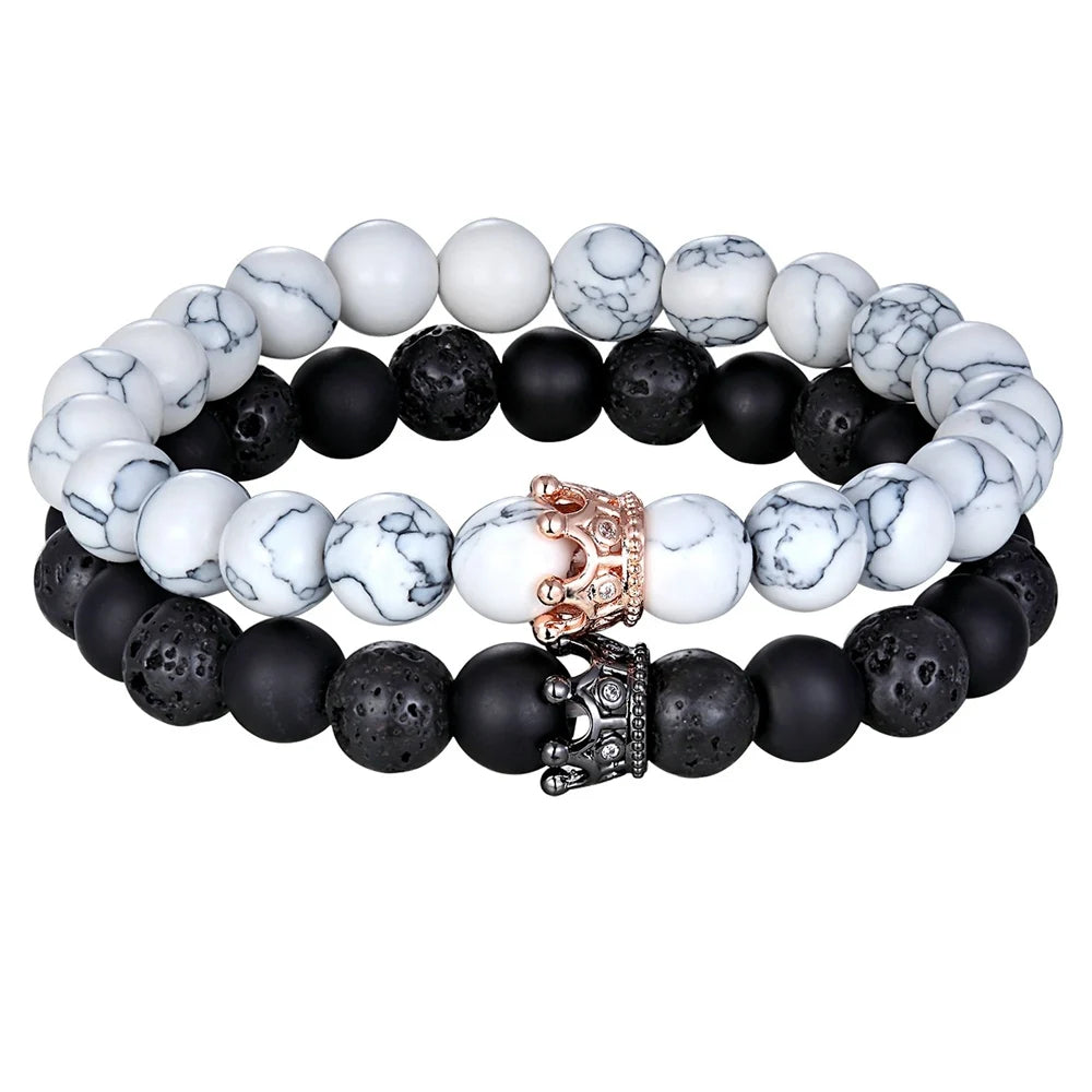 Lava Stone and Matte Onyx Beaded Bracelet with Crown Charm – view 7