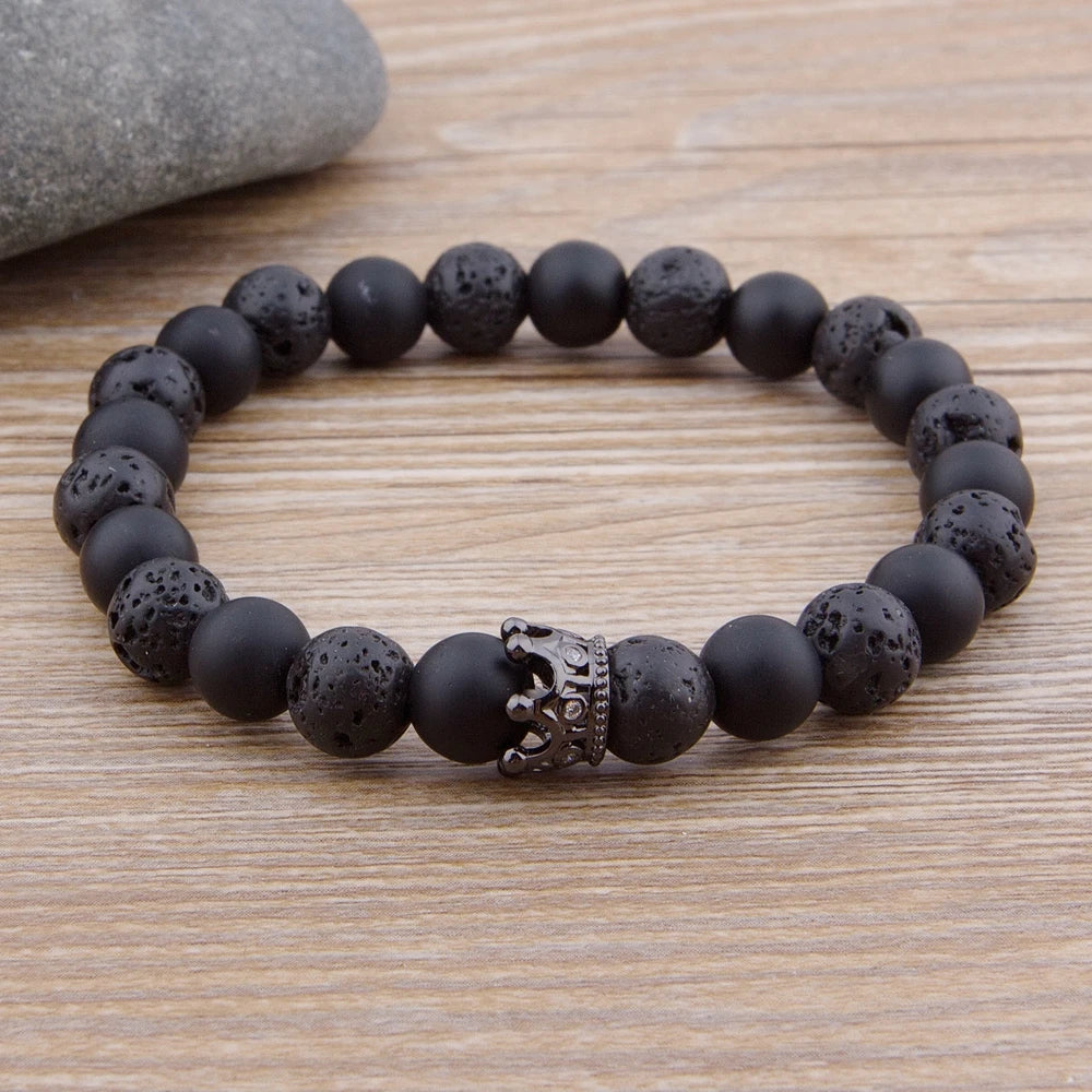 Lava Stone and Matte Onyx Beaded Bracelet with Crown Charm – view 5