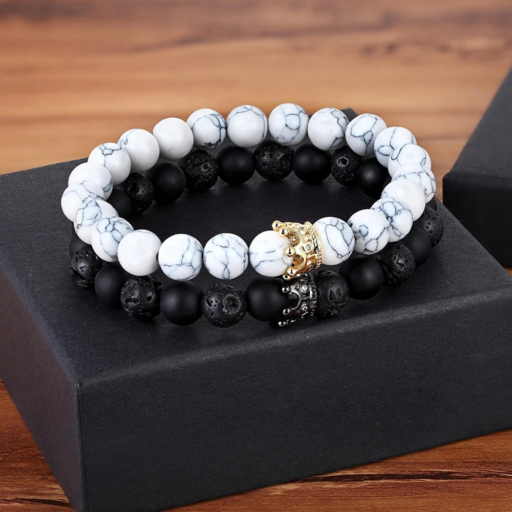 Lava Stone and Matte Onyx Beaded Bracelet with Crown Charm