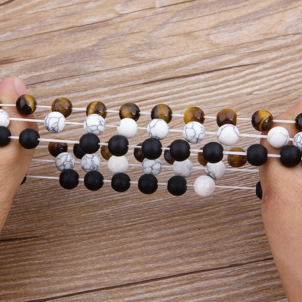 Lava Stone and Matte Onyx Beaded Bracelet with Crown Charm – view 6
