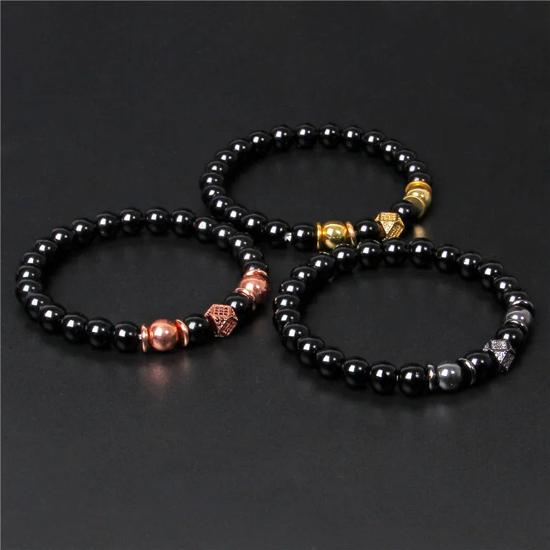 Black Onyx Beaded Bracelet with Metal Ball Charms – view 5