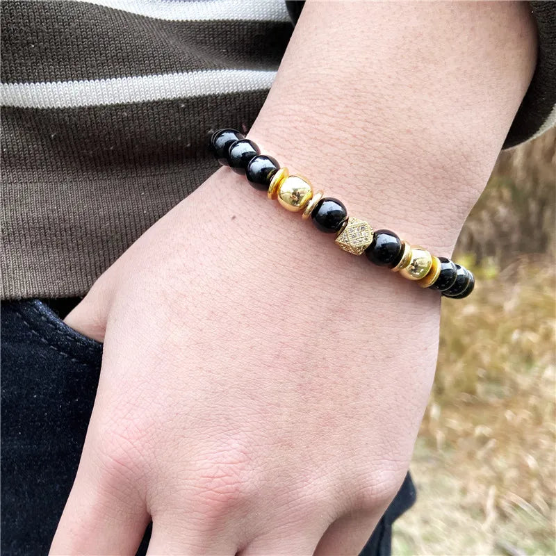 Black Onyx Beaded Bracelet with Metal Ball Charms – view 6