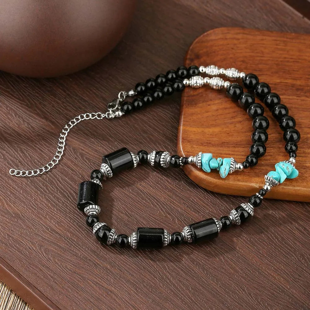 Black Onyx and Turquoise Beaded Choker Necklace – view 3