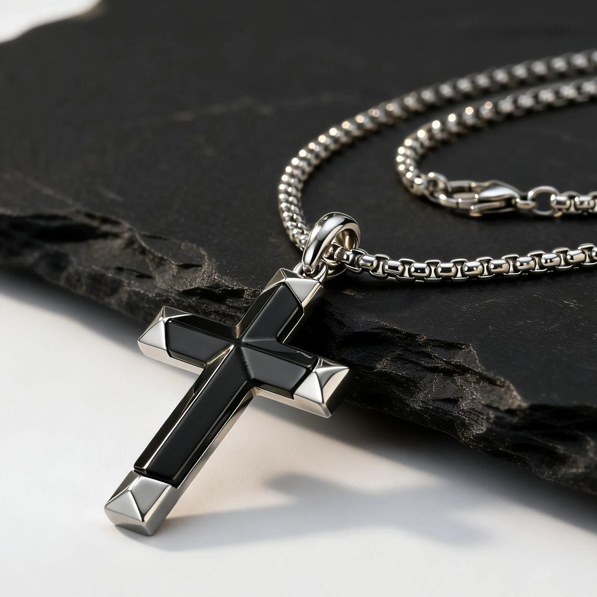 Black Onyx Cross Pendant Necklace, Stainless Steel