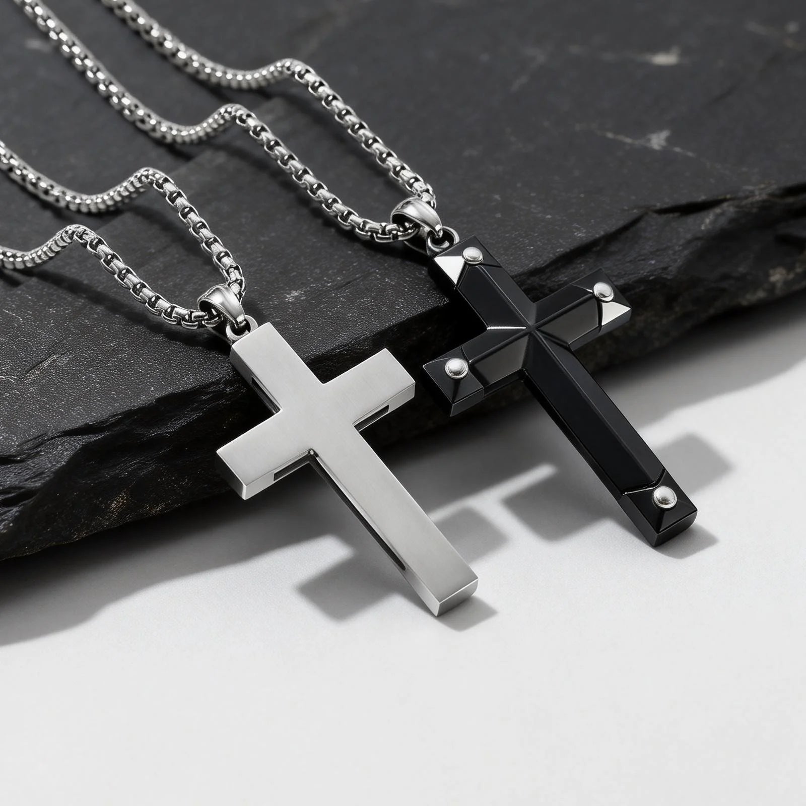 Black Onyx Cross Pendant Necklace, Stainless Steel – view 6