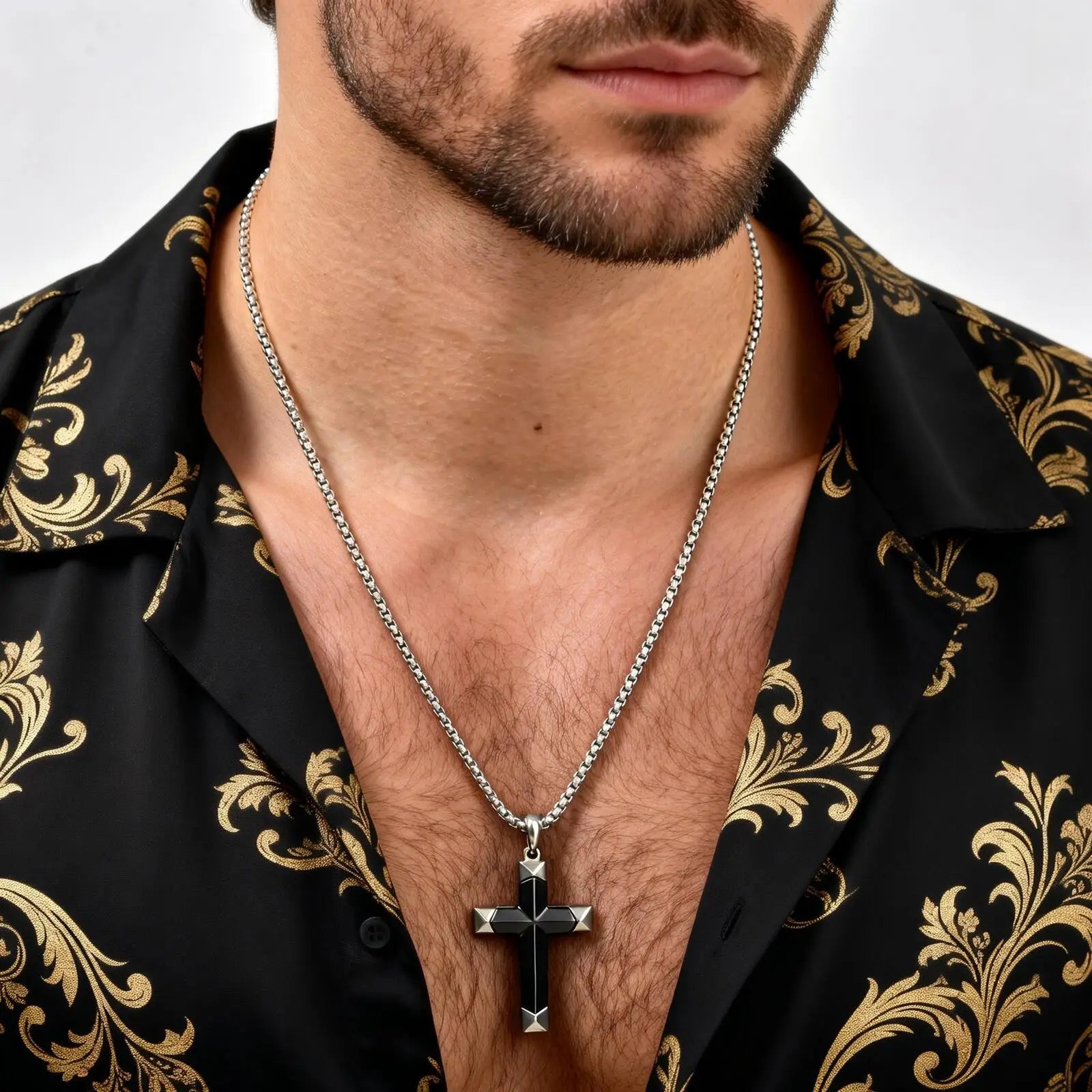 Black Onyx Cross Pendant Necklace, Stainless Steel – view 2
