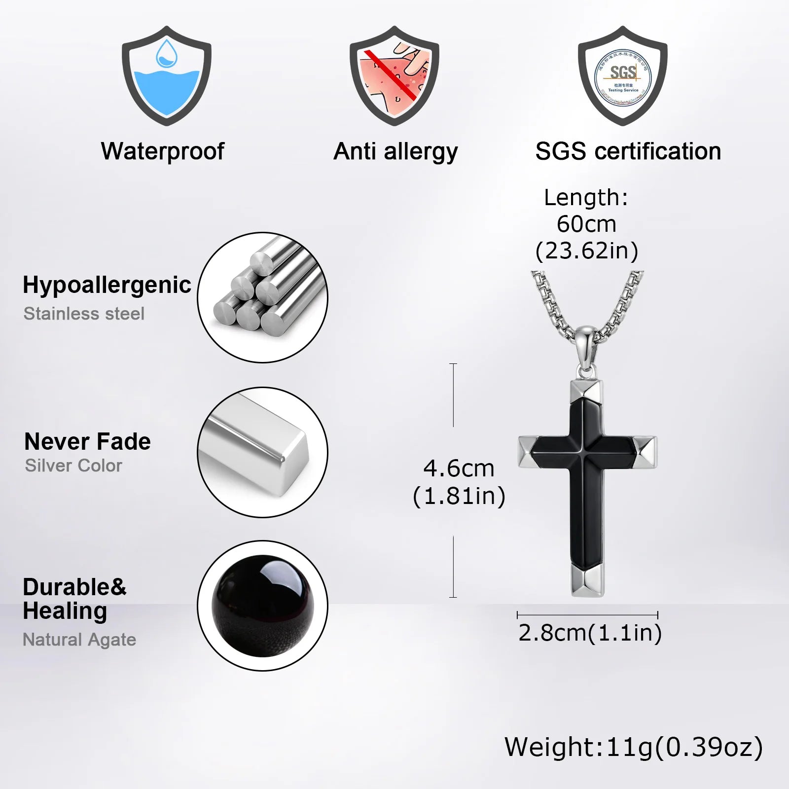 Black Onyx Cross Pendant Necklace, Stainless Steel – view 3