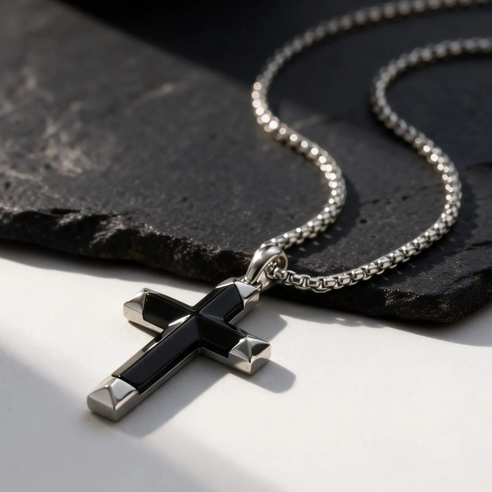 Black Onyx Cross Pendant Necklace, Stainless Steel – view 5