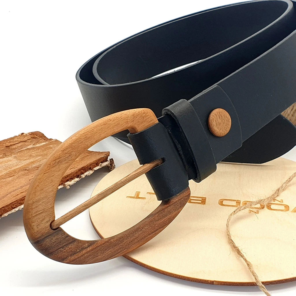 Walnut buckle with black leather strap and wooden fastening nut