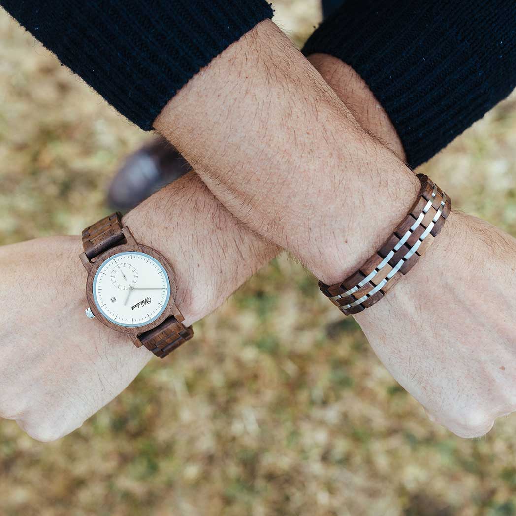 Walnut Wood and Stainless Steel Link Bracelet