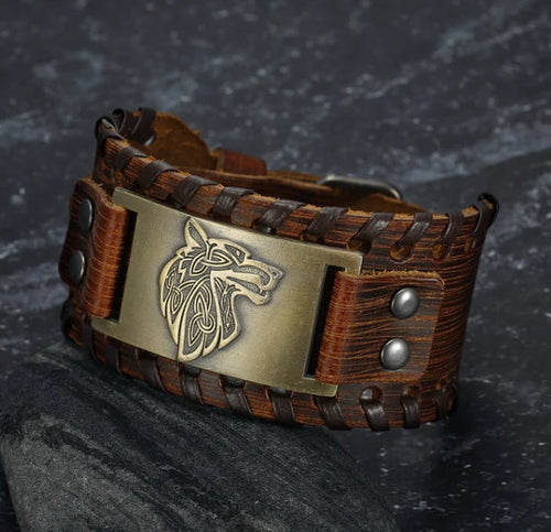 Cowhide Leather Buckle Arm Cuff with Fenrir Wolf Design – view 4