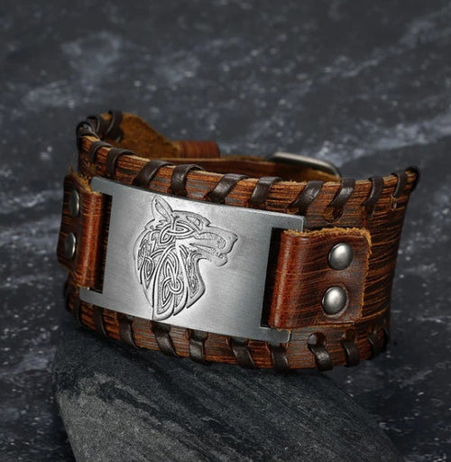 Cowhide Leather Buckle Arm Cuff with Fenrir Wolf Design – view 3
