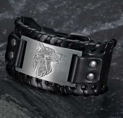Cowhide Leather Buckle Arm Cuff with Fenrir Wolf Design – view 2