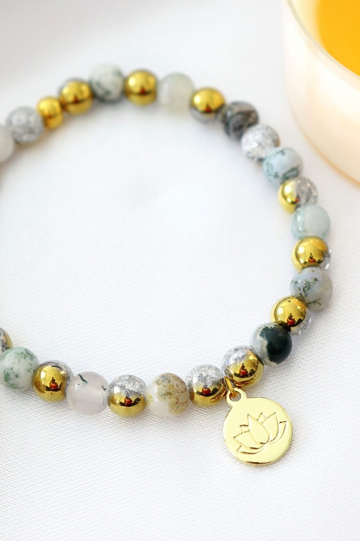Mossy Agate Bead Bracelet with Gold-Tone Lotus Charm – view 2
