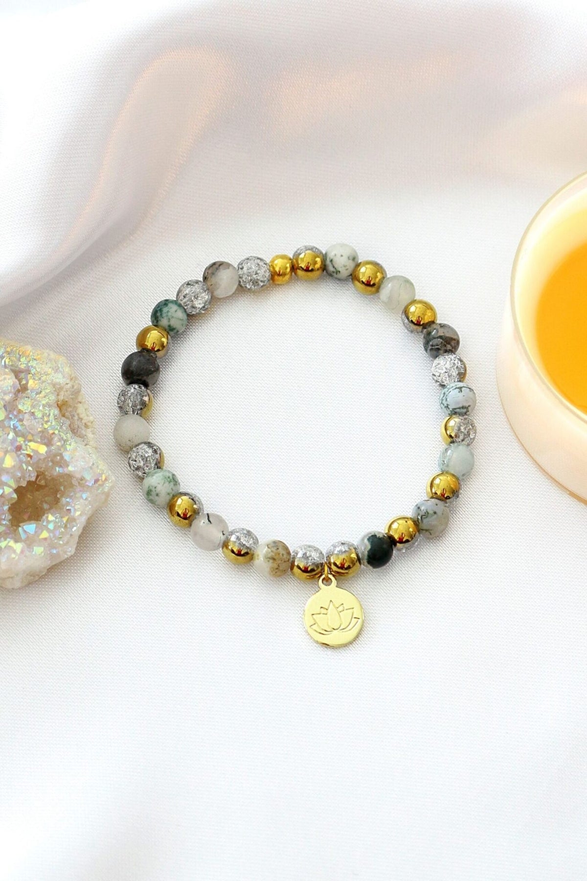 Mossy Agate Bead Bracelet with Gold-Tone Lotus Charm