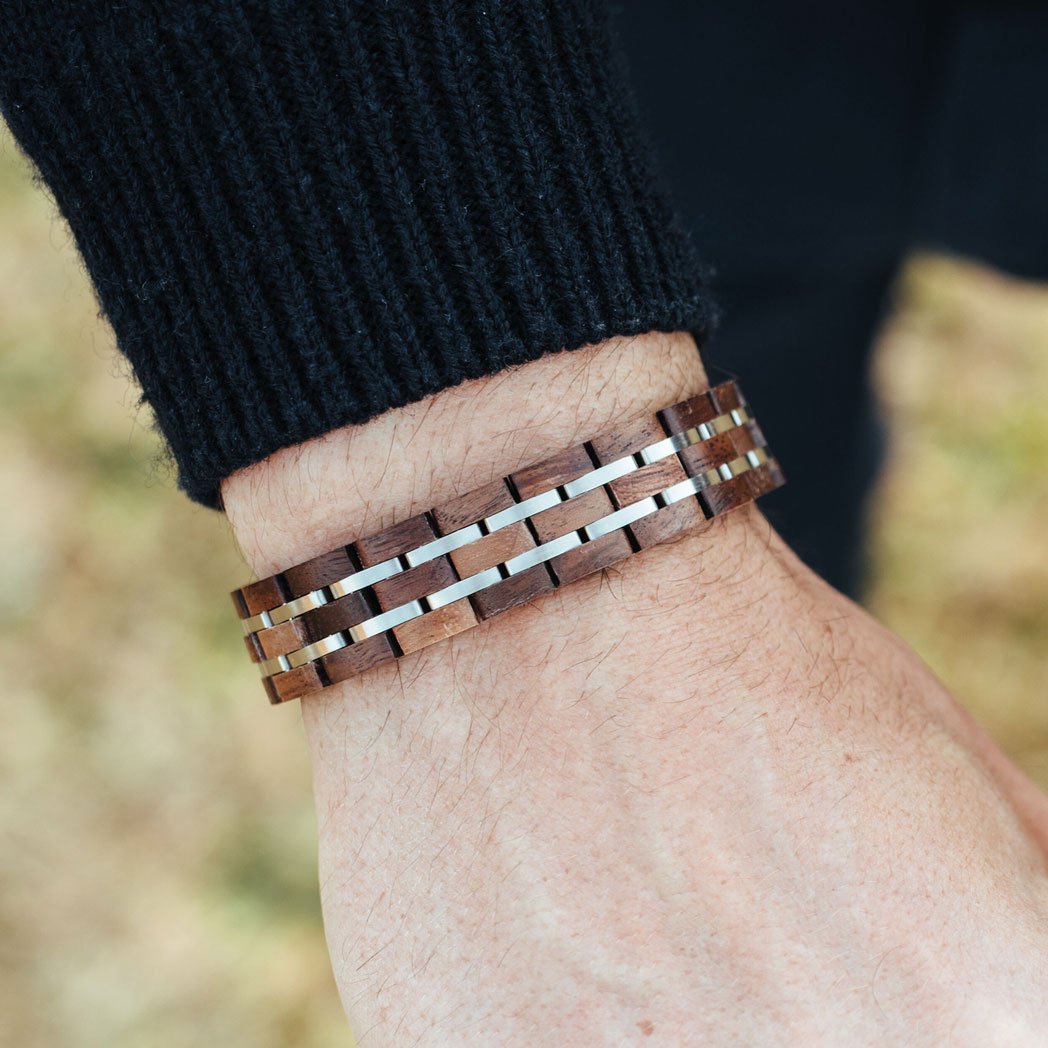 Walnut Wood and Stainless Steel Link Bracelet – view 2